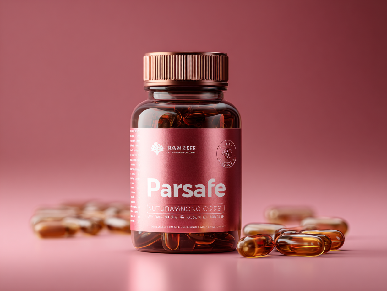 Parsafe természetes szervezettisztító termék semleges háttéren, lila-kék dobozban, fehér címkével